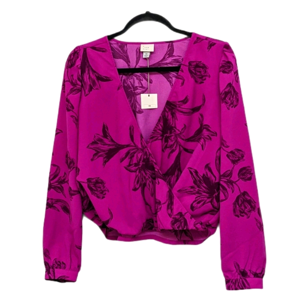 Purple Surplice Longsleeve Floral Blouse